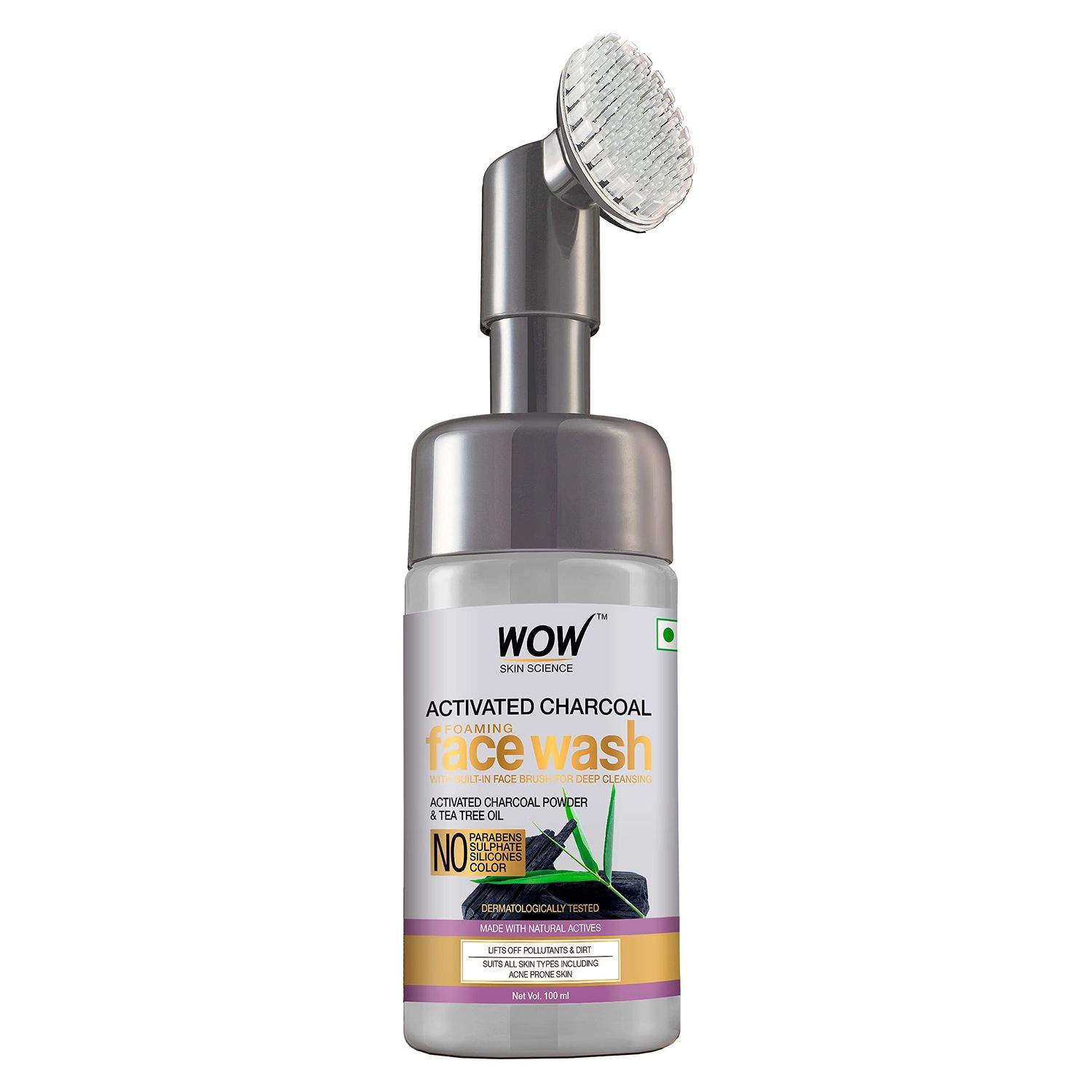 WOW Skin Science Activated Charcoal Face Wash With Built-In Face Brush For Removing Impurities - Detox, Cleanse, Purify - (100 ml)