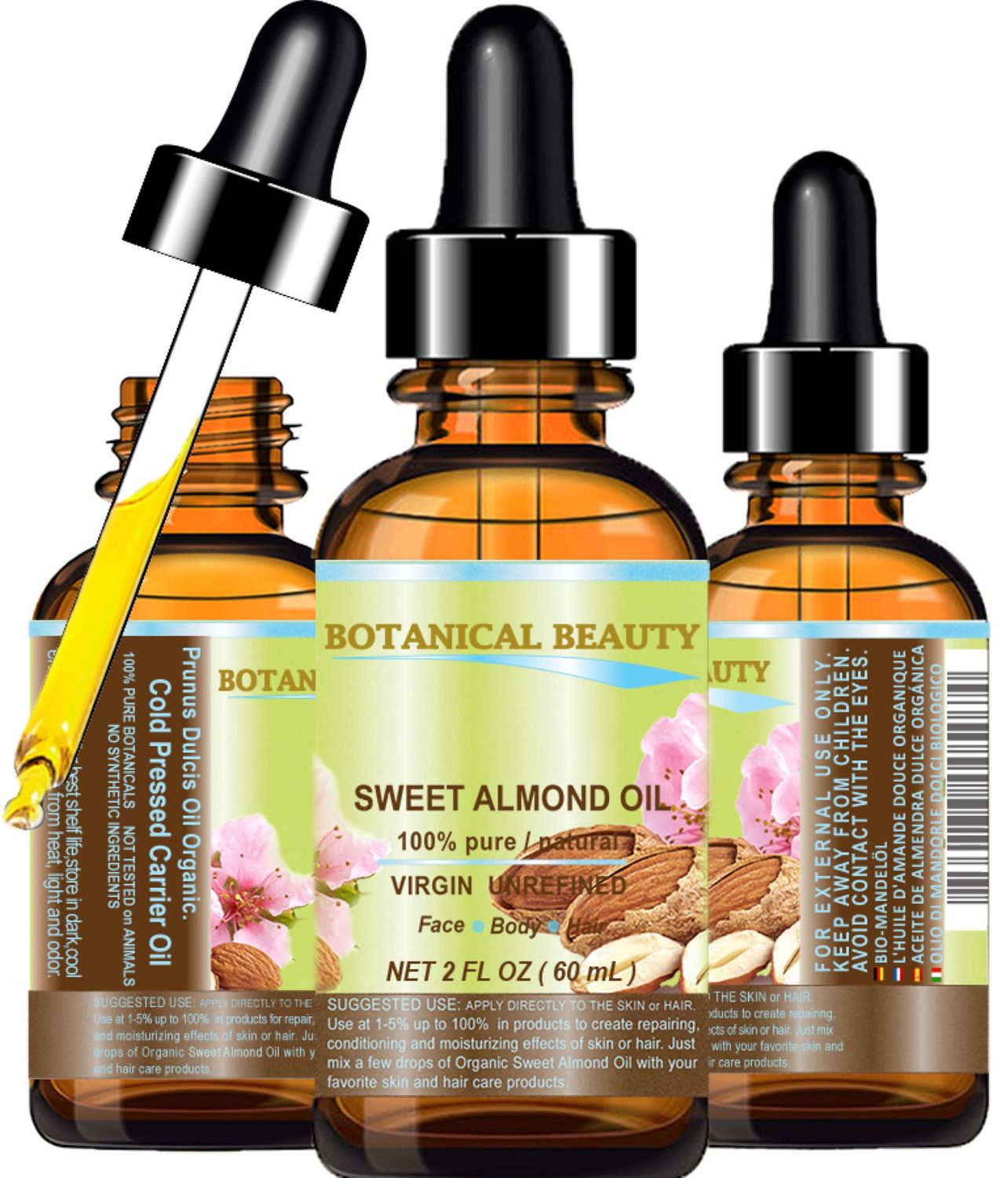 Botanical Beauty SWEET ALMOND OIL 100% Pure Natural Virgin Unrefined Undiluted Cold Pressed Carrier Oil for Face, Skin, Body, Hair, Massage, Nails. 2 Fl. oz - 60 ml