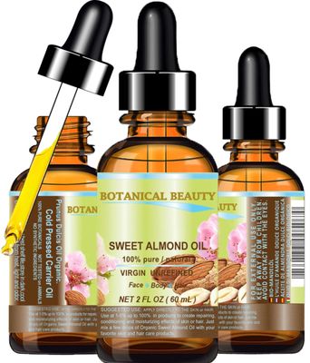 Botanical Beauty SWEET ALMOND OIL 100% Pure Natural Virgin Unrefined Undiluted Cold Pressed Carrier Oil for Face, Skin, Body, Hair, Massage, Nails. 2 Fl. oz - 60 ml
