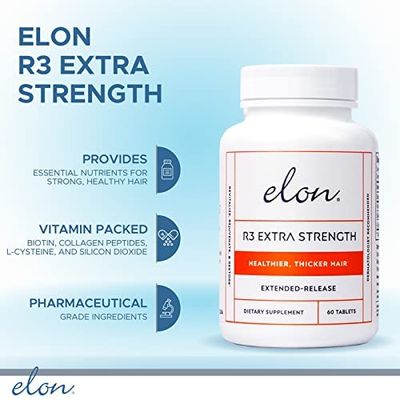Elon R3 Hair Growth Supplement for Women - Vitamins w/ 5000 mcg Biotin Per Serving &amp; Collagen Peptides for Healthy, Thick Hair - Extra Strength - Extended Release (60 Tablets)