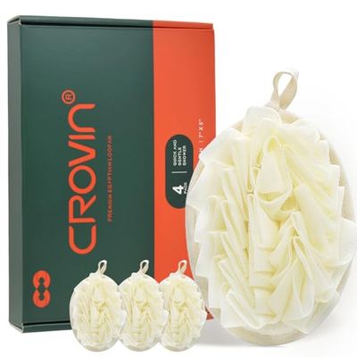 CROVIN Shower Puff 4 Pack Bath Sponge Shower Loofahs Pouf Large 7x5 Premium Exfoliating Mesh Puffs for Men and Women-Elastic Hand Strap Body Brush to Soothe, Cleanse Your Skin
