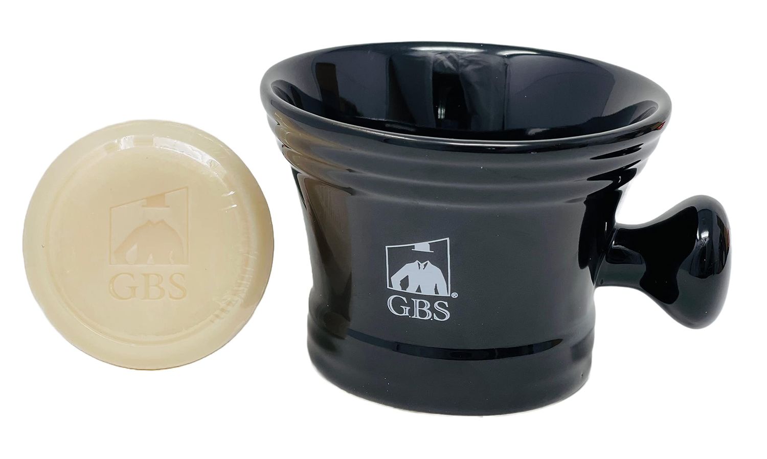 G.B.S Heavy Duty Black Ceramic Shaving Bowl, Mug with Natural Shave Soap - for use with up to 3 Shaving Soaps and Lathering Shave Cream Cup - Pommel Handle (Black)