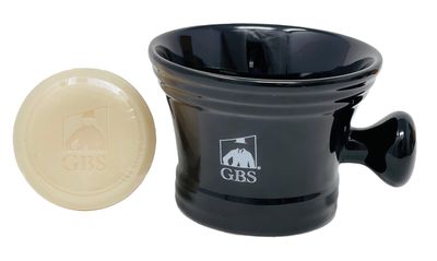 G.B.S Heavy Duty Black Ceramic Shaving Bowl, Mug with Natural Shave Soap - for use with up to 3 Shaving Soaps and Lathering Shave Cream Cup - Pommel Handle (Black)