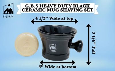 G.B.S Heavy Duty Black Ceramic Shaving Bowl, Mug with Natural Shave Soap - for use with up to 3 Shaving Soaps and Lathering Shave Cream Cup - Pommel Handle (Black)