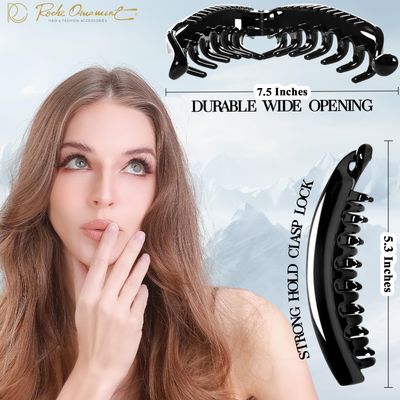 RC ROCHE ORNAMENT 6 Pcs Womens Premium Hair Plastic Banana Classic Clincher Strong Hold Ponytail Maker Styling Girls Ladies Beauty Accessory Clasp Clip, Large Black