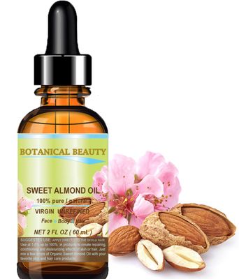 Botanical Beauty SWEET ALMOND OIL 100% Pure Natural Virgin Unrefined Undiluted Cold Pressed Carrier Oil for Face, Skin, Body, Hair, Massage, Nails. 2 Fl. oz - 60 ml