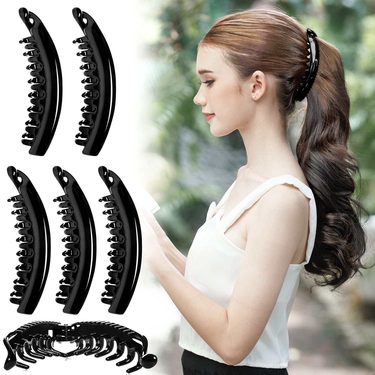 RC ROCHE ORNAMENT 6 Pcs Womens Premium Hair Plastic Banana Classic Clincher Strong Hold Ponytail Maker Styling Girls Ladies Beauty Accessory Clasp Clip, Large Black