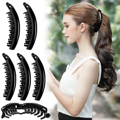 RC ROCHE ORNAMENT 6 Pcs Womens Premium Hair Plastic Banana Classic Clincher Strong Hold Ponytail Maker Styling Girls Ladies Beauty Accessory Clasp Clip, Large Black
