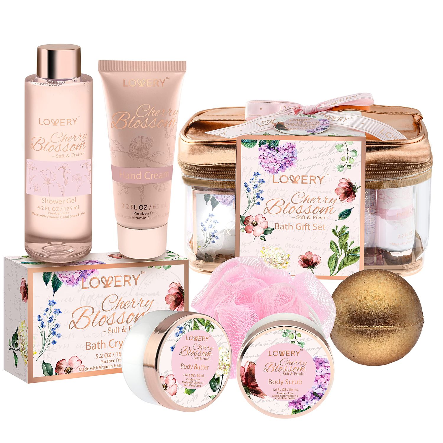 Valentines Day Bath and Body Gift Basket For Women, Cherry Blossom Home Spa Set, Body Lotion, Shower Gel, Extra Large Bath Bomb, Body Butter, Body Scrub, Bath Crystal, Puff &amp; Rose Gold Cosmetic Bag