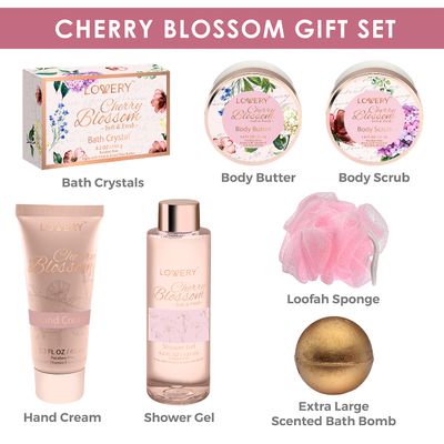 Valentines Day Bath and Body Gift Basket For Women, Cherry Blossom Home Spa Set, Body Lotion, Shower Gel, Extra Large Bath Bomb, Body Butter, Body Scrub, Bath Crystal, Puff &amp; Rose Gold Cosmetic Bag