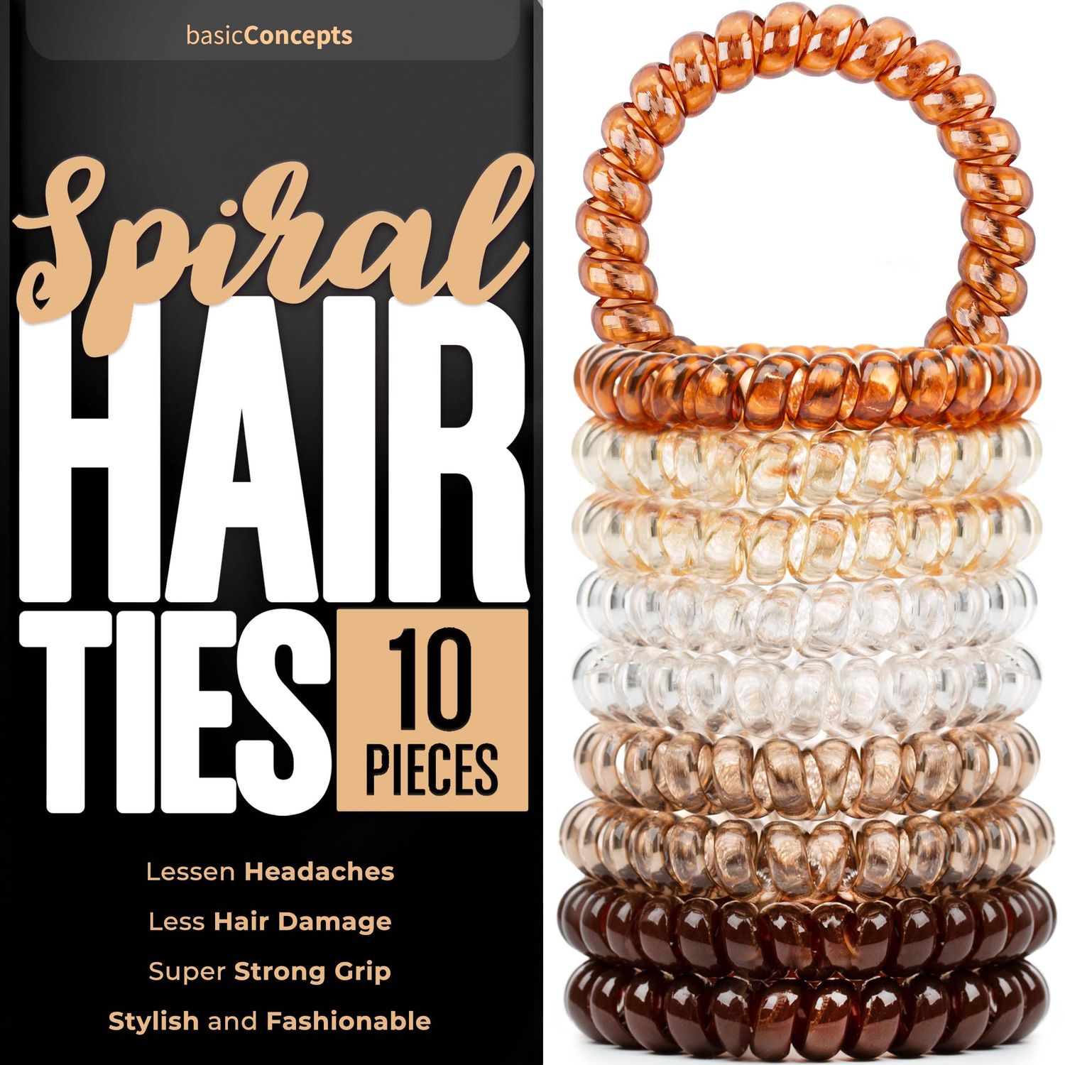 Spiral Hair Ties (10 Pieces), Coil Ponytail Holders for Women&#39;s Thick Hair, No Crease Plastic Ties for All Hair Types (Assorted Colors)