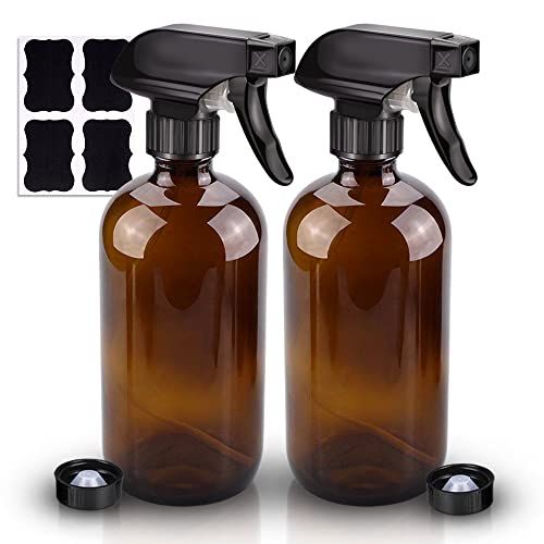 Wedama Amber Glass Spray Bottles, 2 Pack 16 oz Glass Spray Bottles for Cleaning Solutions and Essential Oils, Refillable Empty Spray Bottle with Adjustable Nozzles for Alcohol, Plant and Hair Care