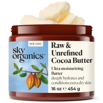 Sky Organics Cocoa Butter for Body, 100% Raw &amp; Unrefined Ultra-Moisturizing Butter to Deeply Hydrate &amp; Condition Skin, Promotes Smooth Skin Tone &amp; Texture, Suitable for Tight or Extra Dry Skin, 16 Oz.