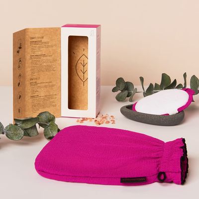 Renaissance Glove a body Exfoliating Mitt with face scrubbing accessory by Daniele Henkel - Vegan more effective &amp; resistant than a loofah, brush or scrub sponge bath -100% natural (Royal Magenta)