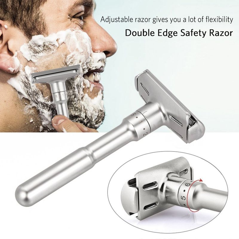 Travel Double Edge Safety Razor, River Lake RZ700 Long Handle Adjustable Classic Safety Shaver Razor (Razor with Protective Case,Brown)