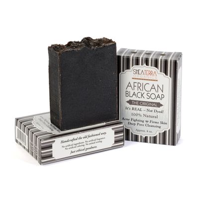 Shea Terra Organics Authentic African Black Soap Bar| Non Toxic All Natural Black Soap Full Body Wash that Cleanse, Refine, Firm Skin, Remove Acne and Wrinkles, and Manage Psoriasis and Eczema- 4 oz