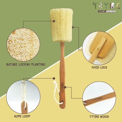 Natural Exfoliating Loofah Luffa Loofa Back Sponge Scrubber Brush with Long Wooden Handle Stick Holder Body Shower Bath Spa Pack of 2