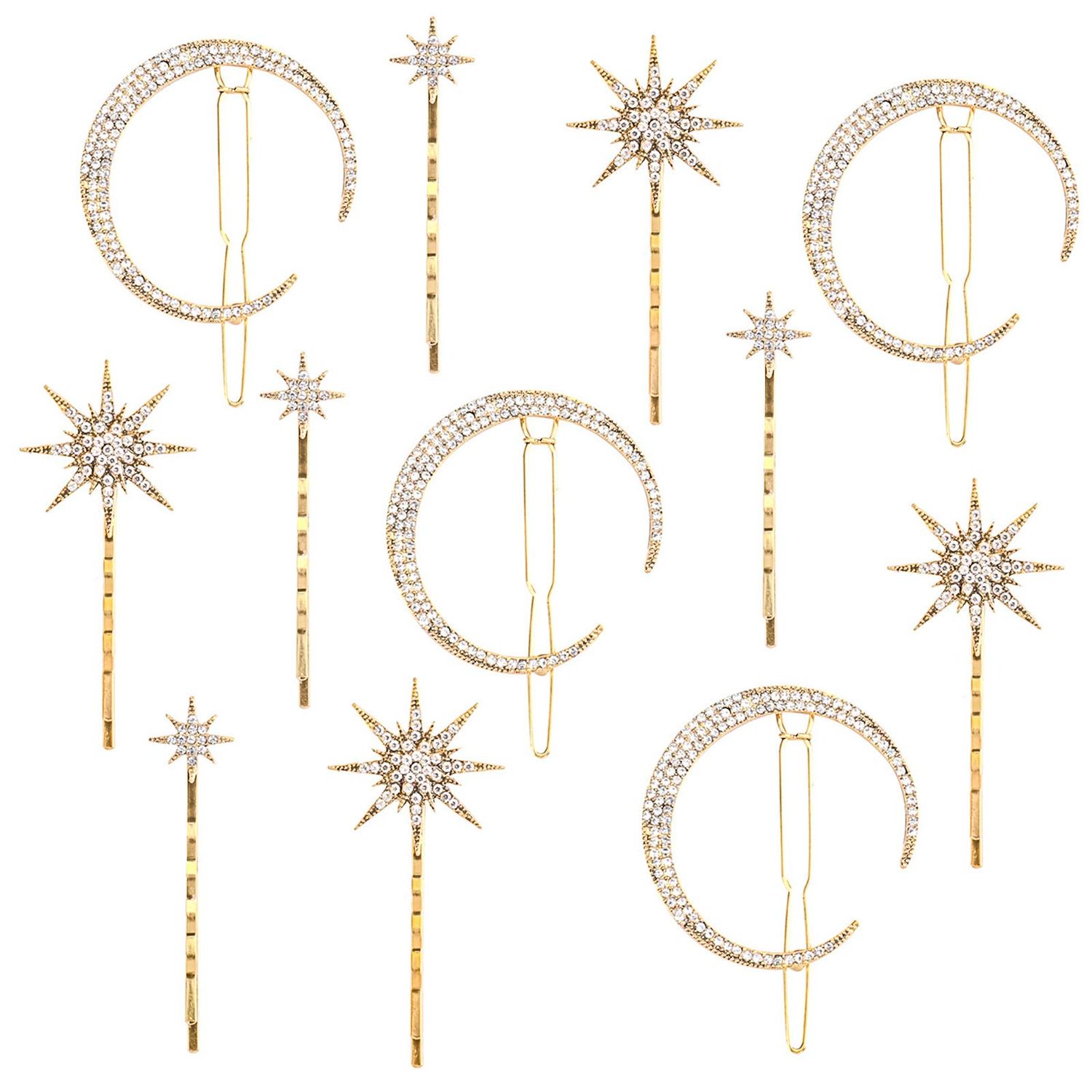 Hedume 12 Pack Stars and Moon Hair Clips, Vintage Rhinestone Hair Pin, Metal Alloy Diamond-studded Hair Accessories for Women Girls
