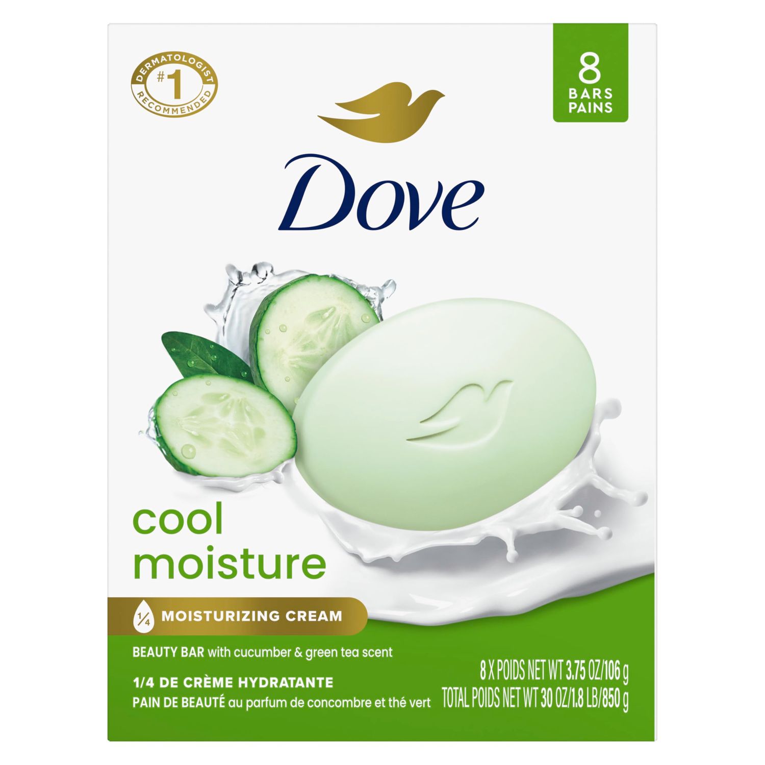 Dove Beauty Bar Soap Cool Moisture Cucumber &amp; Green Tea Scent, 8 Bars for Refreshed Skin, Leaves Skin Refreshed 3.75 oz