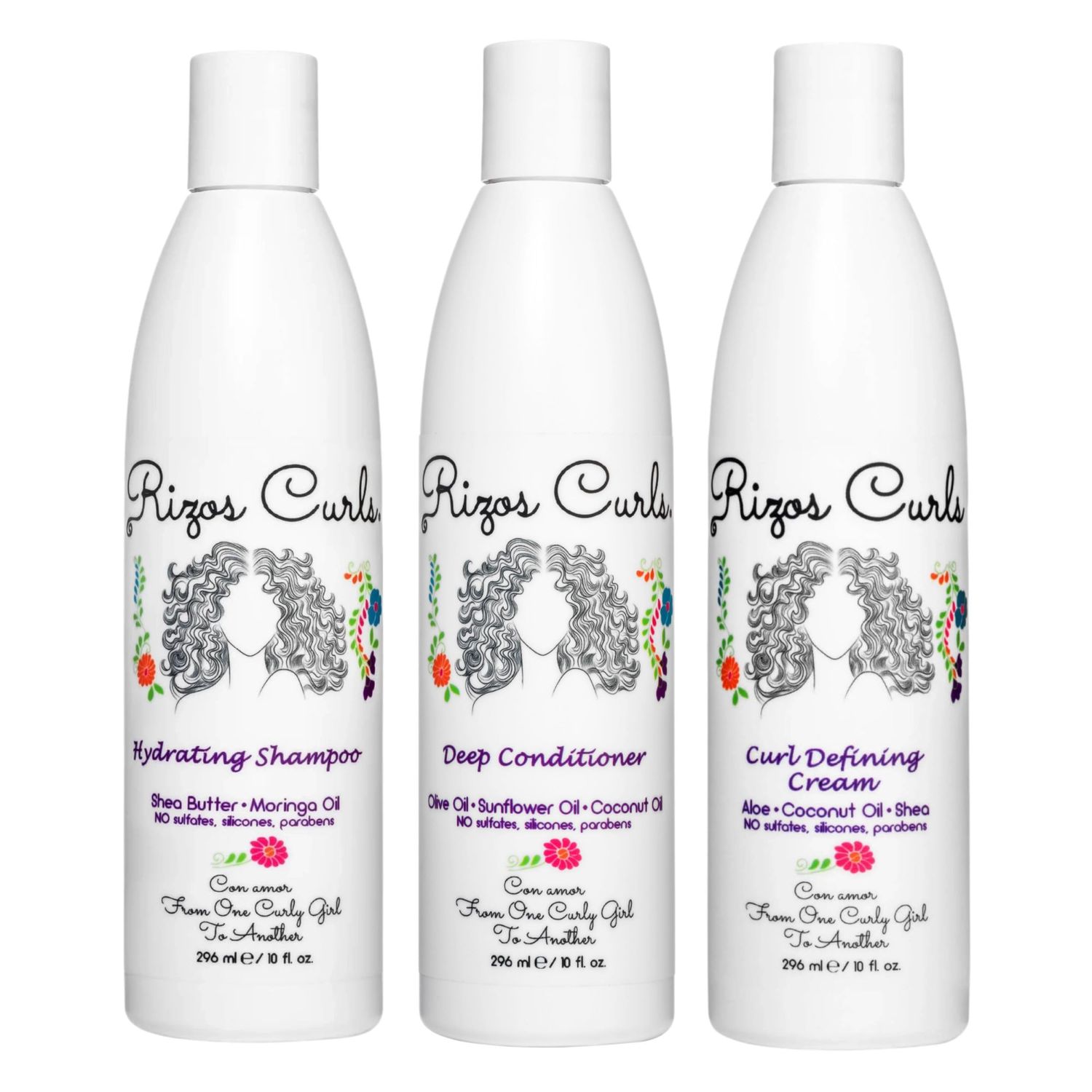 Rizos Curls Trio Bundle, Hydrating Shampoo &amp; Deep Conditioner &amp; Curl Cream Bundle, Gently Cleanse and Hydrate Curly Hair, Style &amp; Define Curls for Frizz Free Volume, For All Curl Patterns 2a - 4c