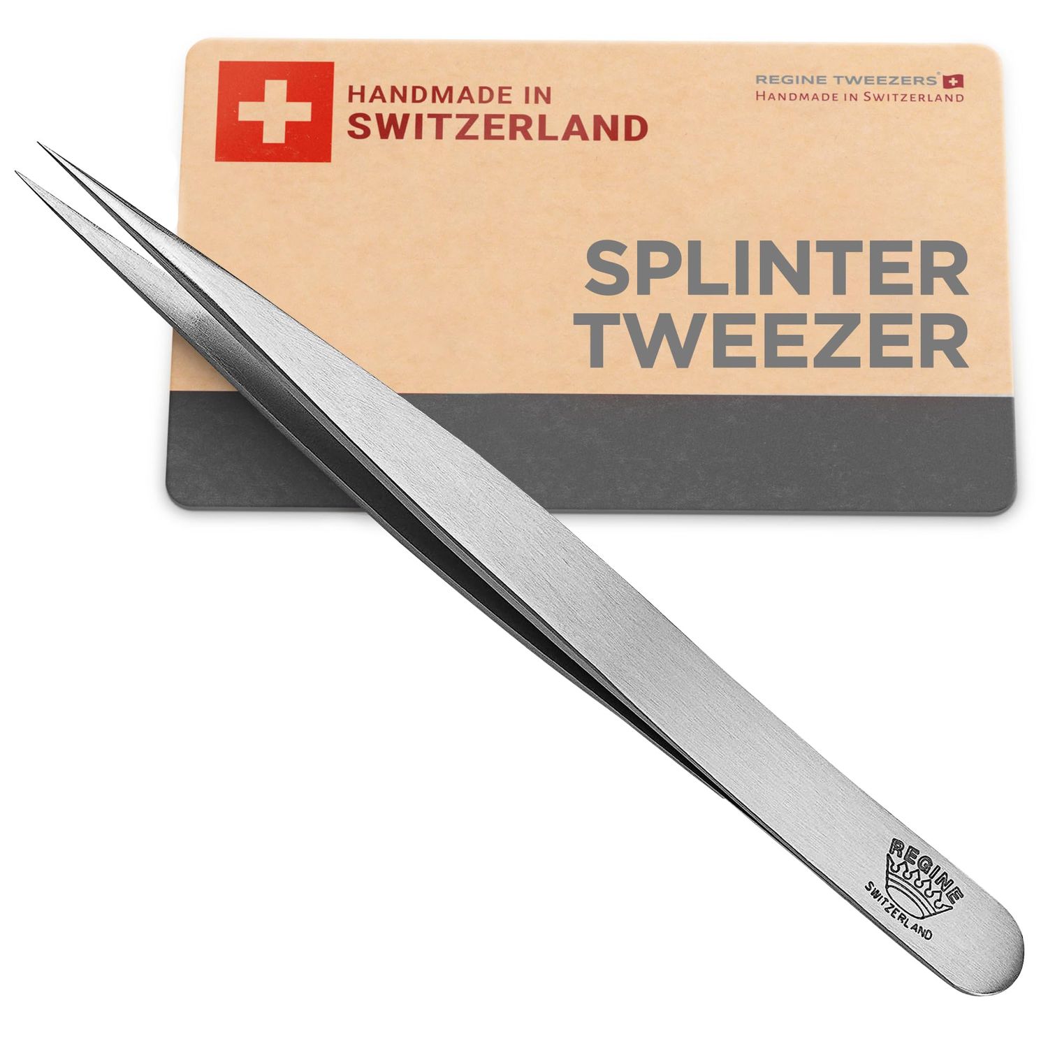 Regine Switzerland Splinter Tweezers - Professional Tweezer with Precision Point Needle Nose for Splinter, Ingrown Hair &amp; Glass Extraction - Stainless Steel Sharp Tool for Men &amp; Women - Silver
