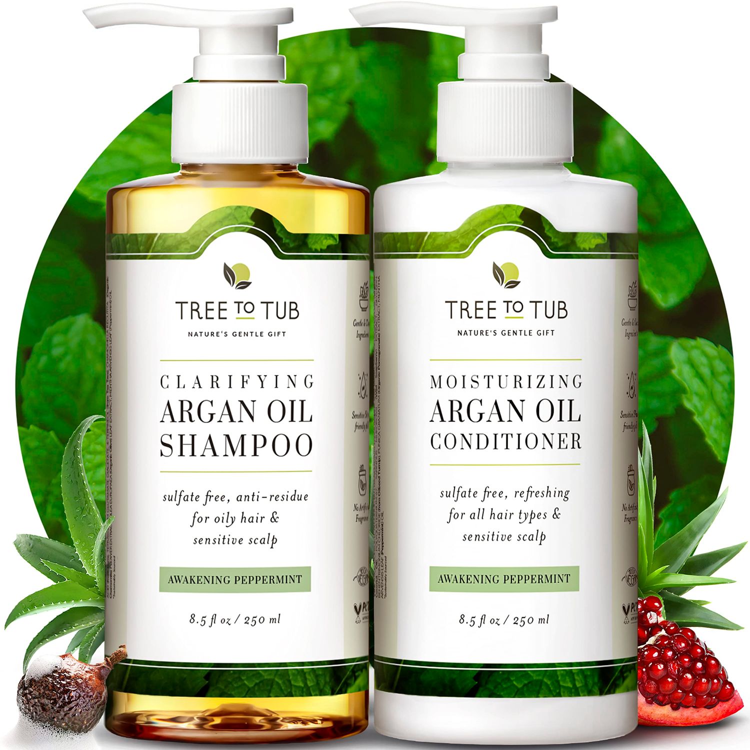 Tree To Tub Sulfate Free Shampoo and Conditioner Set for Oily Hair, Frizz, Sensitive Scalp - Hydrating Argan Oil Shampoo and Conditioner for Women &amp; Men w/Organic Coconut Oil, All Natural Peppermint