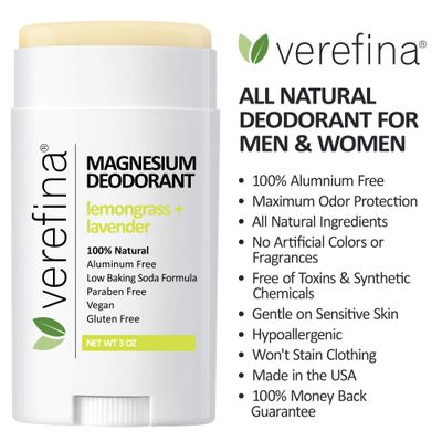 Verefina Aluminum Free Deodorant For Men & Women | All Natural | Hypoallergenic | Paraben Free | Non Toxic | Cruelty Free | Vegan | Natural Deodorant For Sensitive Skin | 3 Oz Stick