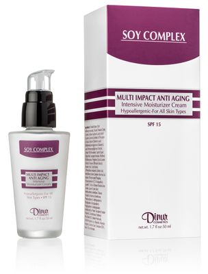 Dinur Cosmetics Soy Complex Multi Impact Anti Aging Moisturizer Cream SPF 15 Reduces Fine Lines &amp; Wrinkles Stress Relief &amp; HYdrates Skin 1.7 oz. 50 ml