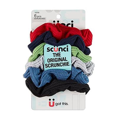 Scunci by Conair The Original Scrunchie Waffle Knit Scrunchies in Navy, White, Red, Blue, Grey and Black, Hair Ties for Women, 6 Count