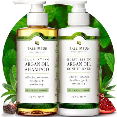 Tree To Tub Sulfate Free Shampoo and Conditioner Set for Oily Hair, Frizz, Sensitive Scalp - Hydrating Argan Oil Shampoo and Conditioner for Women &amp; Men w/Organic Coconut Oil, All Natural Peppermint