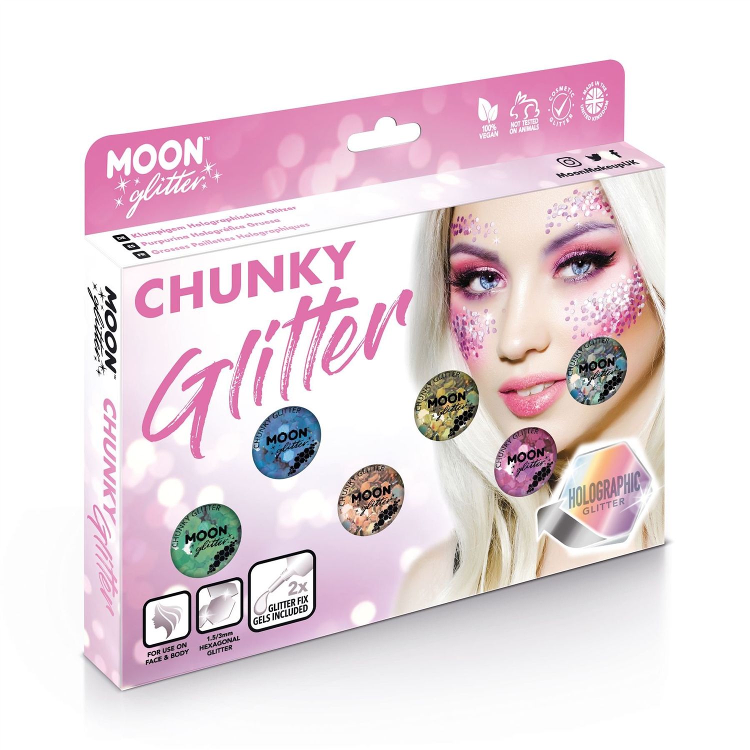 Holographic Chunky Glitter by Moon Glitter - 100% Cosmetic Glitter for Face, Body, Nails, Hair and Lips - 0.10oz - Boxset