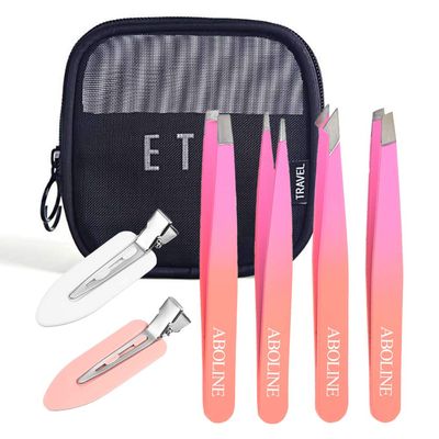 Tweezers Set, ABOLINE 4 Pack Stainless Steel Slant Tweezer Set Eyebrow Precision Tweezers for Facial Hair, Ingrown Hair, Splinter, Blackhead and Tick Remover with Travel Bag &amp; Hair Clips(Orange&amp;Pink)