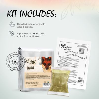 Light Mountain Henna Hair Color & Conditioner - Red Hair Dye, Organic Henna Leaf Powder and Botanicals, Chemical-Free, Semi-Permanent Hair Color + 4 Hair Clips