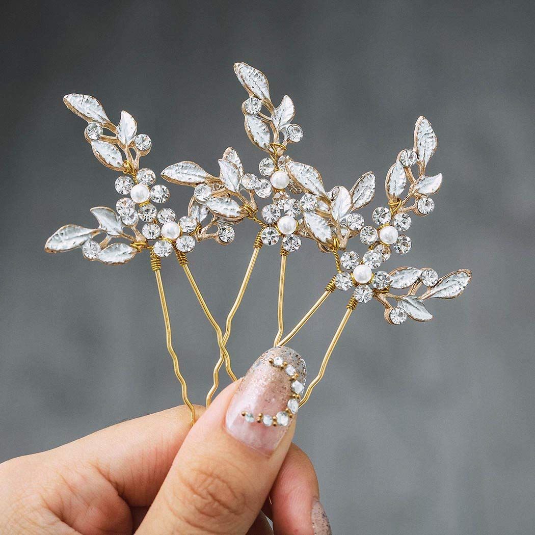 Heread Leaf Bride Wedding Hair Pins Crystal Bridal Head Dress Pearl Hair Accessories for Women and Girls (Pack of 3) (C Gold)