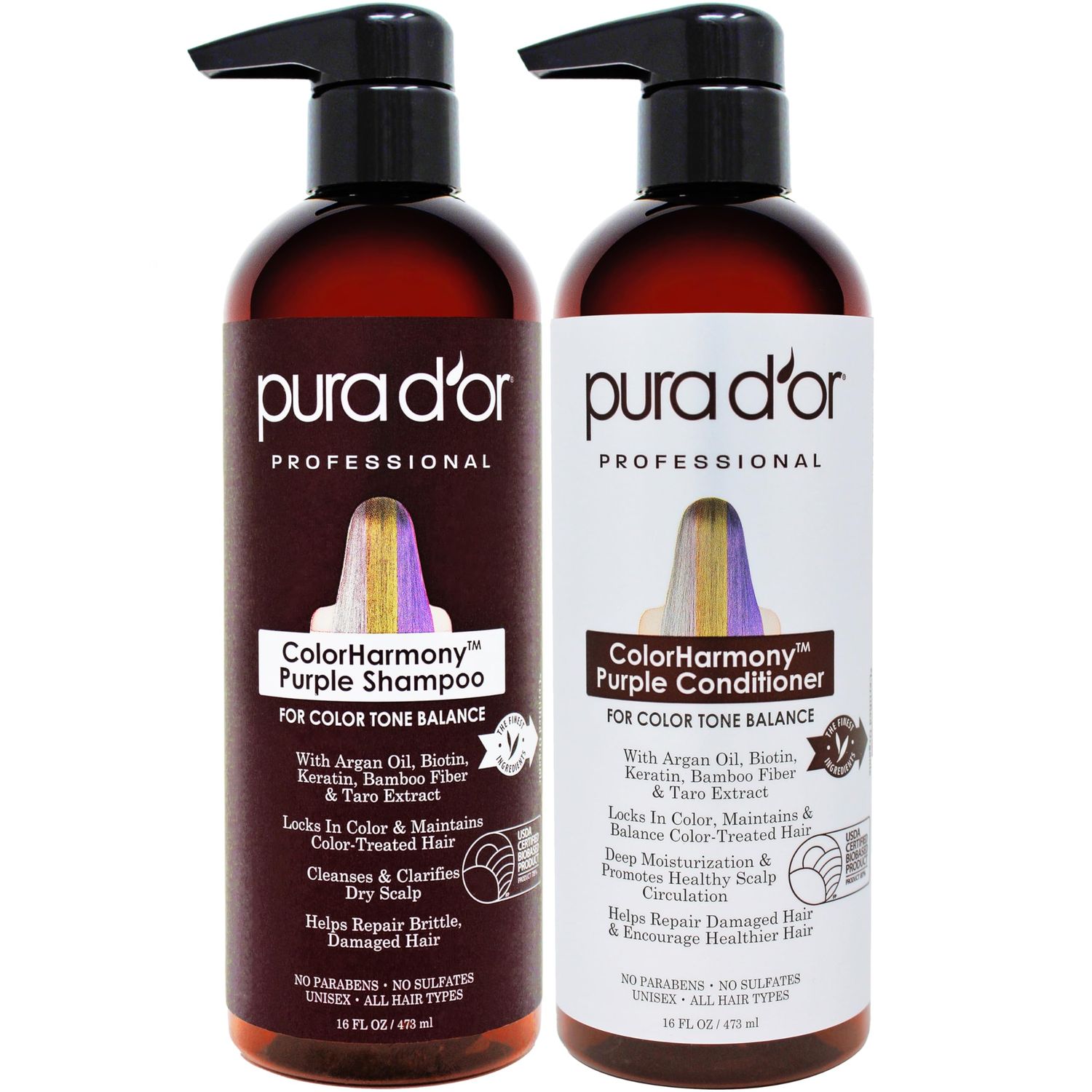 PURA D&#39;OR Purple Shampoo &amp; Conditioner (16oz x 2) ColorHarmony Biotin Set For Bleached, Blonde, Silver &amp; Color Treated Hair - Keratin, Bamboo Fiber, No Sulfates - Men &amp; Women