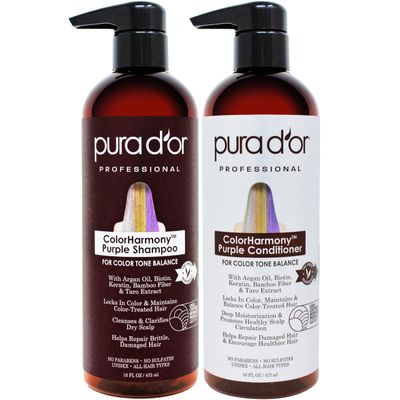 PURA D&#39;OR Purple Shampoo &amp; Conditioner (16oz x 2) ColorHarmony Biotin Set For Bleached, Blonde, Silver &amp; Color Treated Hair - Keratin, Bamboo Fiber, No Sulfates - Men &amp; Women