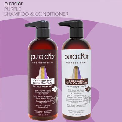 PURA D'OR Purple Shampoo &amp; Conditioner (16oz x 2) ColorHarmony Biotin Set For Bleached, Blonde, Silver &amp; Color Treated Hair - Keratin, Bamboo Fiber, No Sulfates - Men &amp; Women