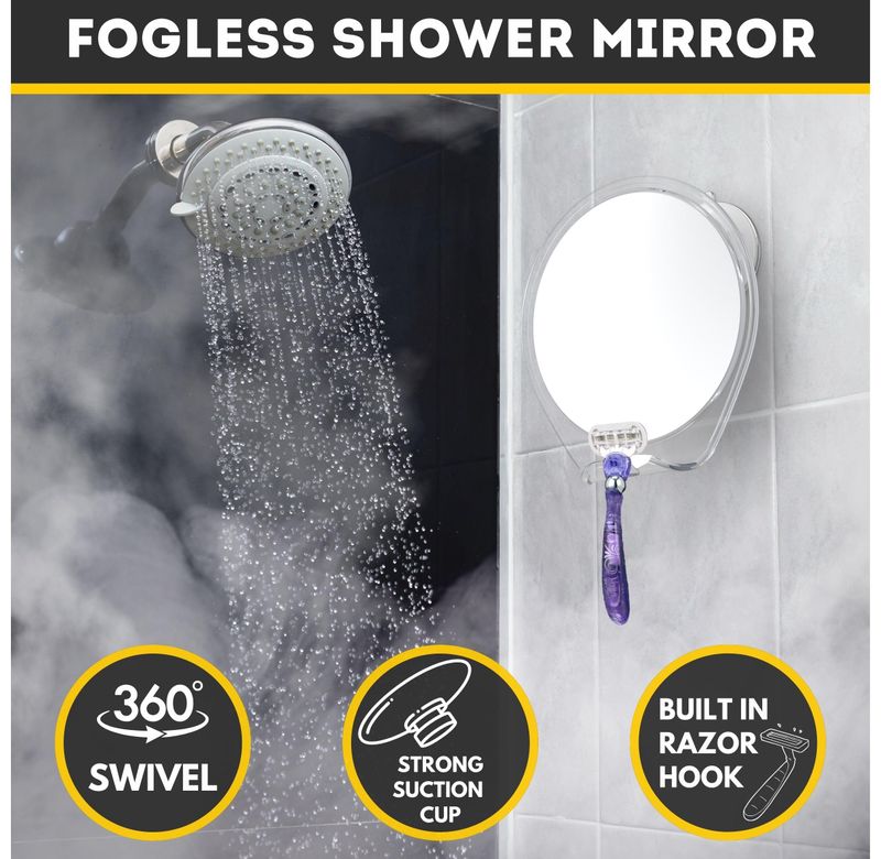 HONEYBULL Shower Mirror Fogless for Shaving - with Suction, Razor Holder for Shower &amp; Swivel, Small Mirror, Shower Accessories, Bathroom Mirror, Bathroom Accessories, Holds Razors (White)