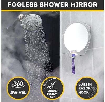 HONEYBULL Shower Mirror Fogless for Shaving - with Suction, Razor Holder for Shower &amp; Swivel, Small Mirror, Shower Accessories, Bathroom Mirror, Bathroom Accessories, Holds Razors (White)