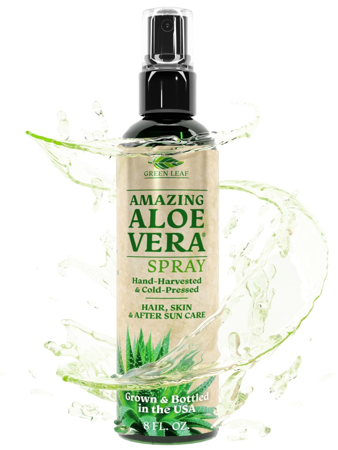 Green Leaf Naturals Aloe Vera Spray | 99% Cold-Pressed Aloe Vera Juice with Vitamin C, E &amp; A | Hair, Skin, Facial Moisturizer, Sunburn Relief &amp; After Sun Lotion 8oz