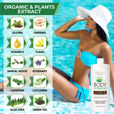 Body Botanicals, Professional Sunless Tanning Spray Tan Solution, Organic Essential Oils, Airbrush Formula, 33.8 Fl Oz. (Level 3 (12% DHA))