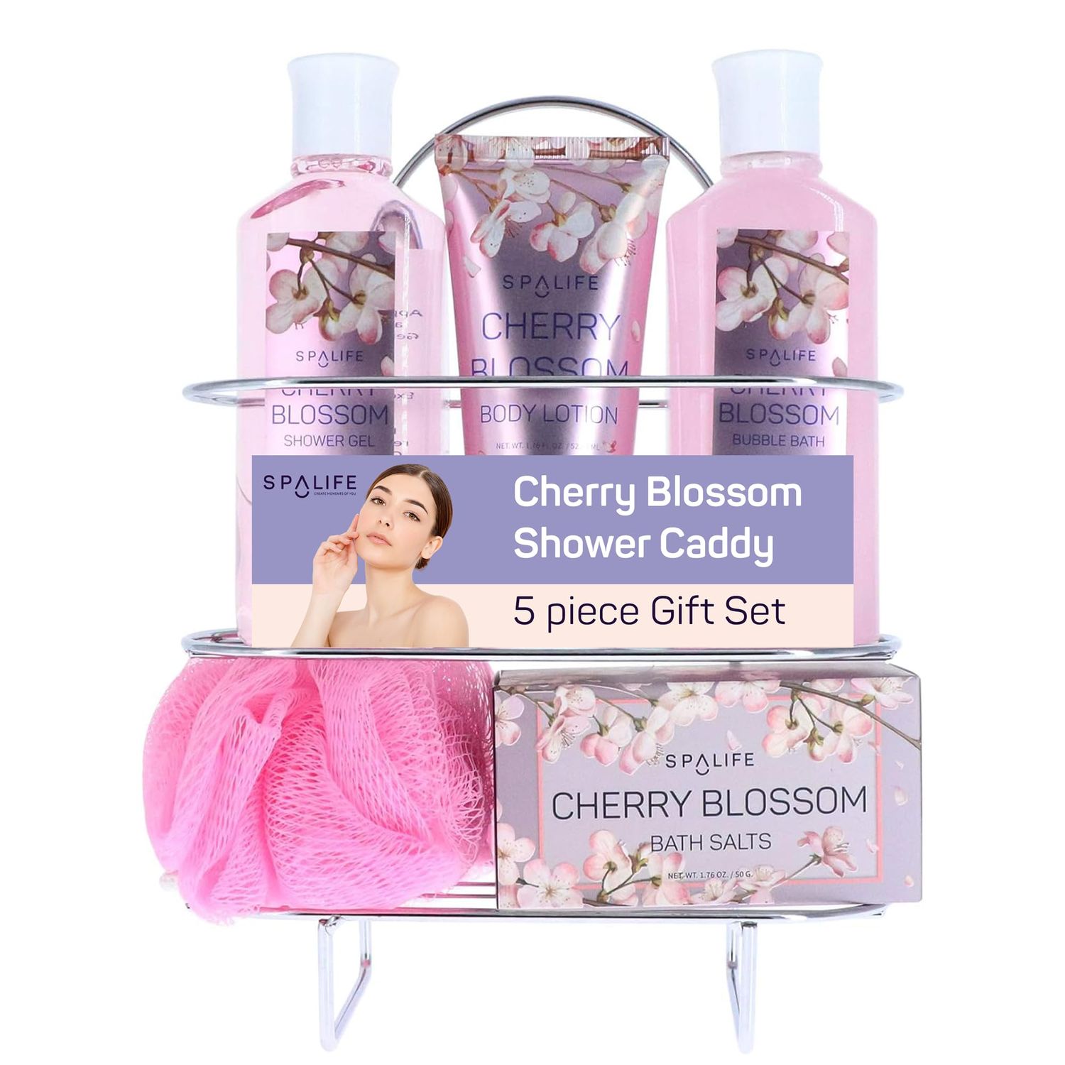 SpaLife Cherry Blossoms Gift Set - 5-Piece Bath and Shower Caddie, Bubble Bath, Shower Gel, Bath Salts, Body Lotion, Relaxing Luxury at Home Spa Experience, Perfect Christmas Bath Gift for Women