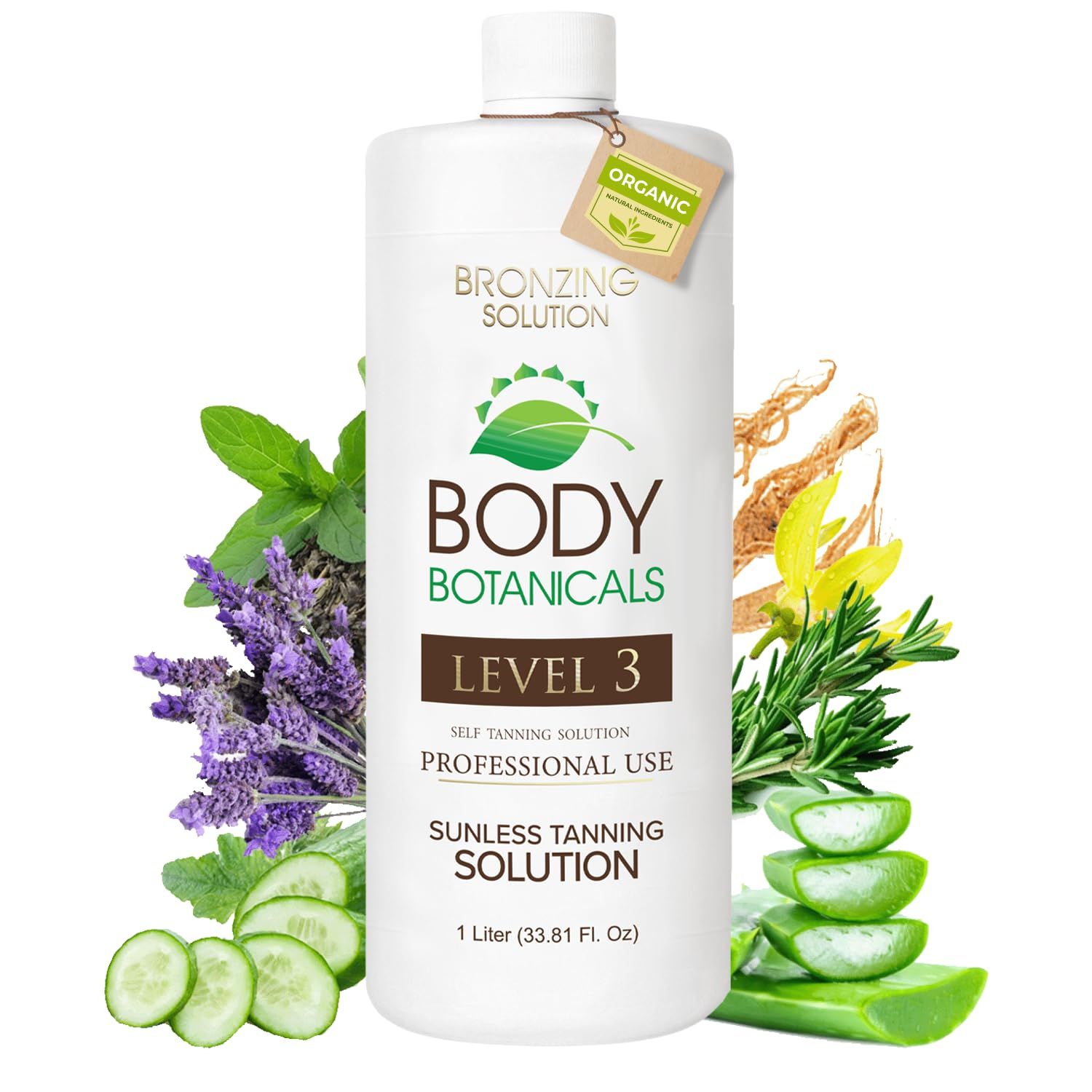 Body Botanicals, Professional Sunless Tanning Spray Tan Solution, Organic Essential Oils, Airbrush Formula, 33.8 Fl Oz. (Level 3 (12% DHA))