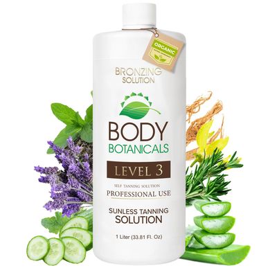 Body Botanicals, Professional Sunless Tanning Spray Tan Solution, Organic Essential Oils, Airbrush Formula, 33.8 Fl Oz. (Level 3 (12% DHA))