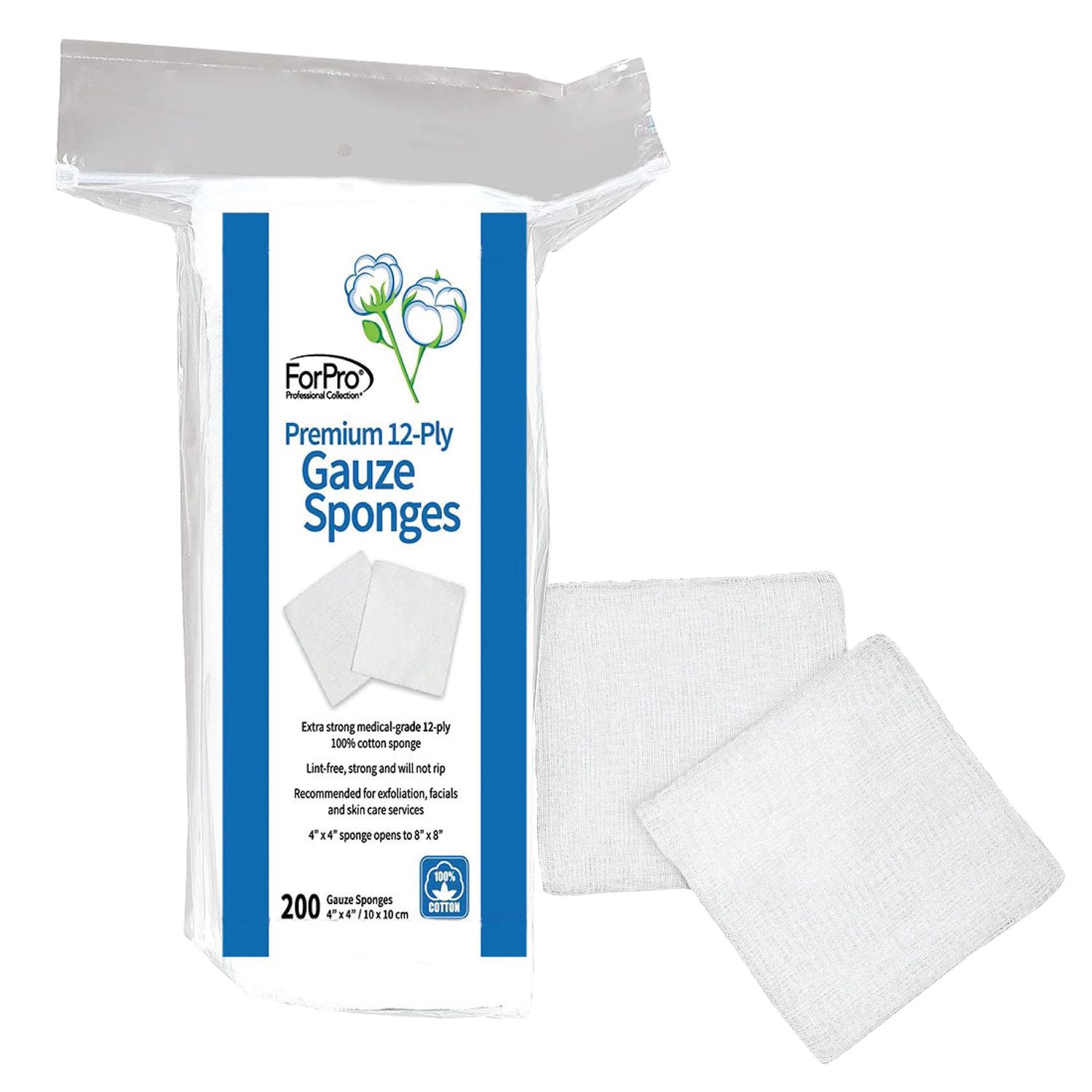 ForPro Professional Collection Premium 12-Ply Gauze Sponges, 100% Cotton, Lint-Free, Non-Sterile Cotton, For Cosmetic and Medical Use, 4 x 4, 200-Count