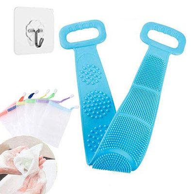 Silicone Body Scrubber Silicone Back Scrubber for Shower Double Sided Silicone Back Scrubber Exfoliating Long Silicone Body Back Scrubber for Women/Men (Blue)