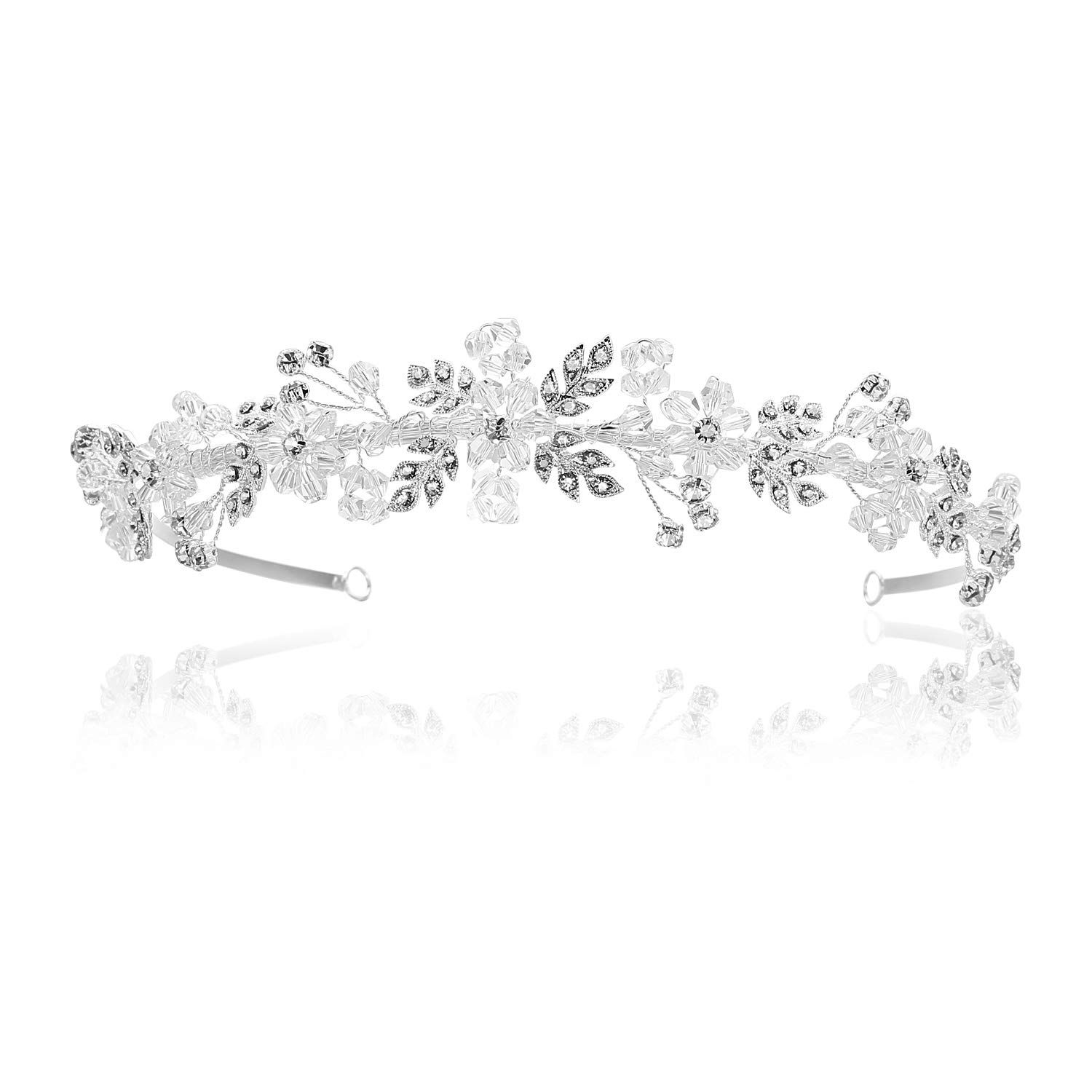 SAMKY Handmade Flower Leaf Crystal Headband Bridal Wedding Tiara - Silver Plated T767