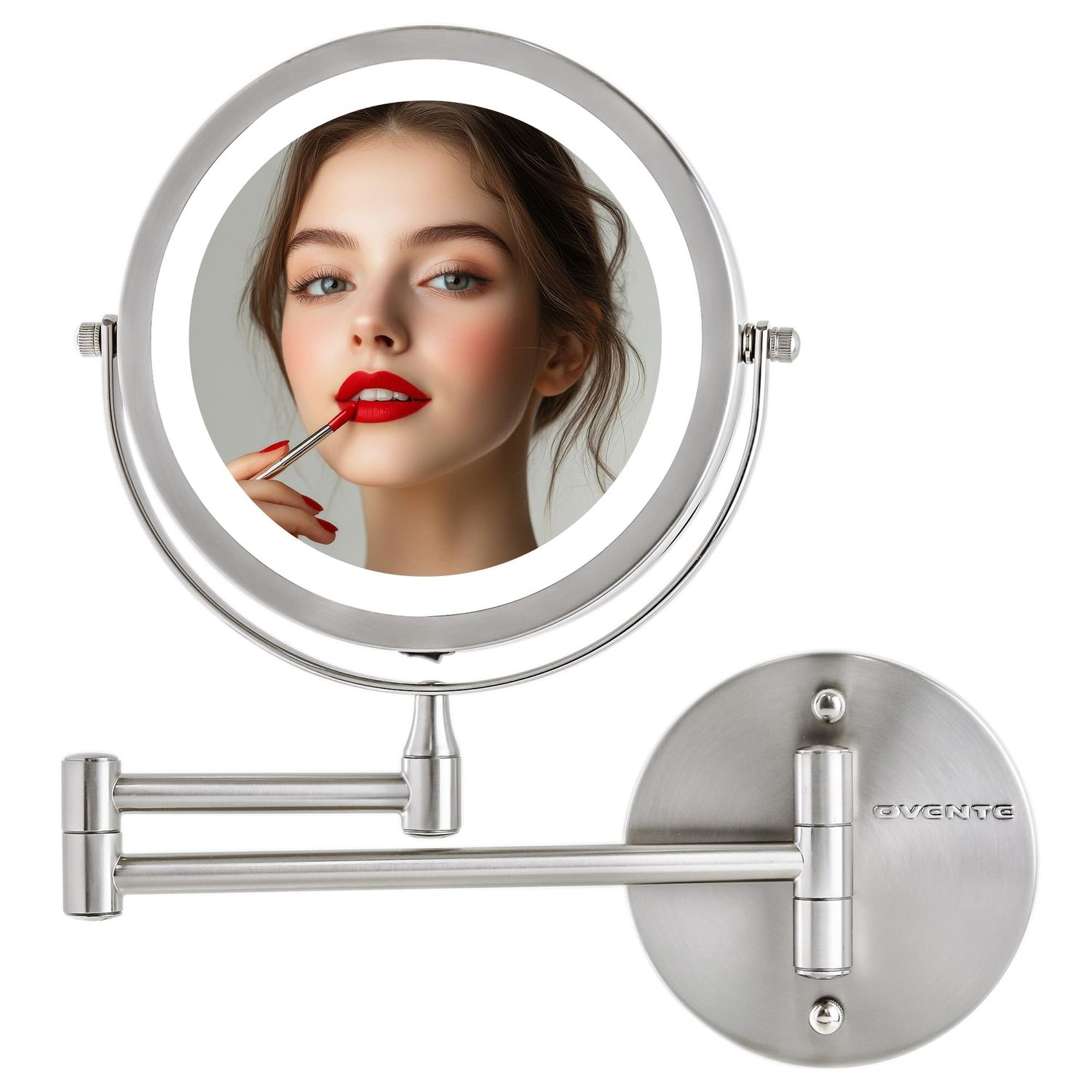 OVENTE 7&quot; Lighted Wall Mount Makeup Mirror with 1X/10X Magnification, Cordless Double Sided Magnifying Round Vanity Mirror, 360 Swivel Design, Extendable and Folding Arm, Nickel Brushed MFW70BR1X10X