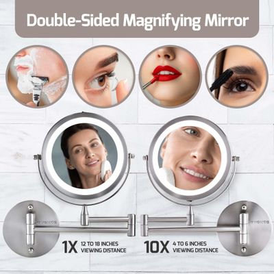 OVENTE 7" Lighted Wall Mount Makeup Mirror with 1X/10X Magnification, Cordless Double Sided Magnifying Round Vanity Mirror, 360 Swivel Design, Extendable and Folding Arm, Nickel Brushed MFW70BR1X10X