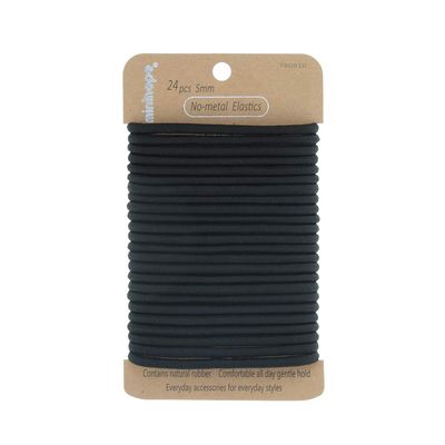 Minihope no-metal elastic hair ties, women&#39;s black thick large elastics, 5MM for thick hair 24 Count